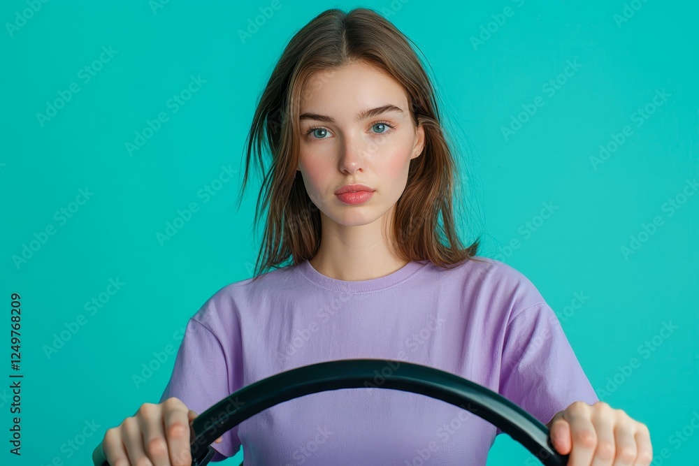Photo of careful driver lady look empty space hold steering wheel wear purple shirt isolated turquoise color background. Photo of careful driver lady look empty space hold steering wheel wear purple shirt isolated turquoise color background.
