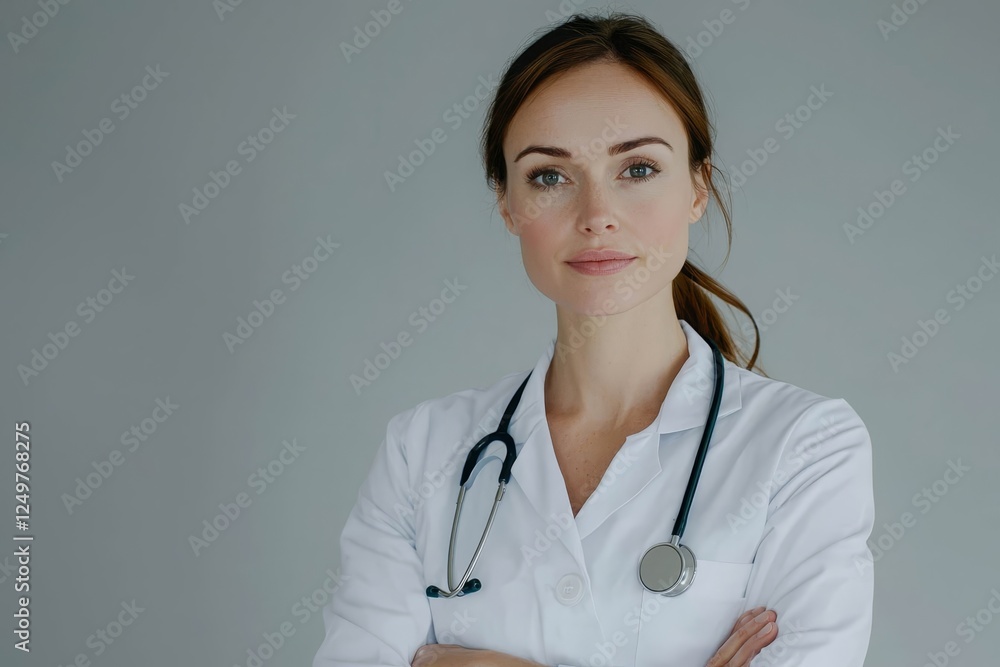 Photo portrait female doctor with sthethoscope showing empty space on hand isolated grey color background. Photo portrait female doctor with sthethoscope showing empty space on hand isolated grey color background.