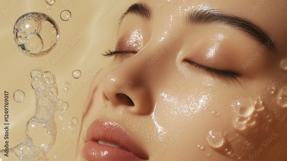 Water Droplet Serenity: A close-up image of a woman’s face bathed in clear water droplets, capturing the moment of tranquility and pure beauty, with focus on radiant skin and a serene expression. Water Droplet Serenity: A close-up image of a woman’s face bathed in clear water droplets, capturing the moment of tranquility and pure beauty, with focus on radiant skin and a serene expression.