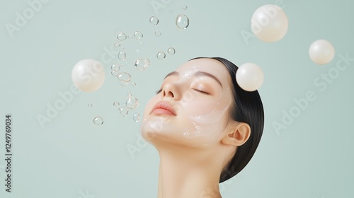 Radiant Serenity: A woman with flawless skin and closed eyes appears weightless, surrounded by a symphony of ethereal bubbles against a soft, pastel background.