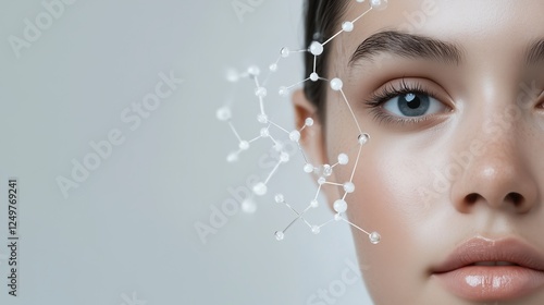 Youthful Radiance: Close-up of a young woman's face, subtly adorned with a network of glowing molecules, symbolizing skincare science and youthful beauty.