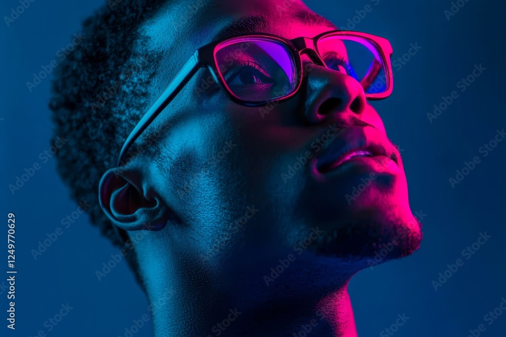 Young man, student on blue studio background in neon light. Young man, student on blue studio background in neon light.