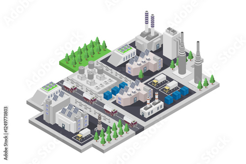 Solar panels on the factory roof isometric