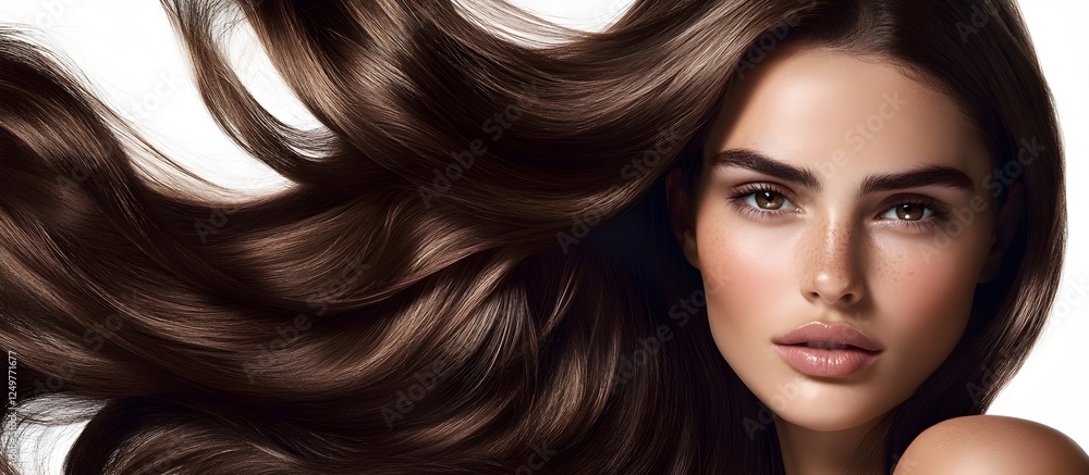 Obraz premium Beautiful woman with voluminous curly hairstyle,suitable for advertising hair care products,beauty salon marketing materials,fashion blog posts,editorial articles in magazines dedicated to health,beau