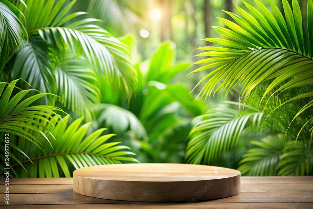 Fototapeta premium Wood tabletop podium floor in outdoors tropical garden forest blurred green leaf plant nature background.