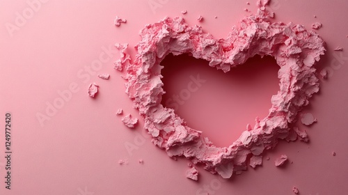 Heart-shaped hole cut into a pastel pink background, perfect for Valentinea??s Day cards or romantic messages photo