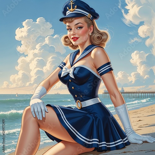 Vintage pin-up sailor woman in navy dress posing on a beach with ocean waves