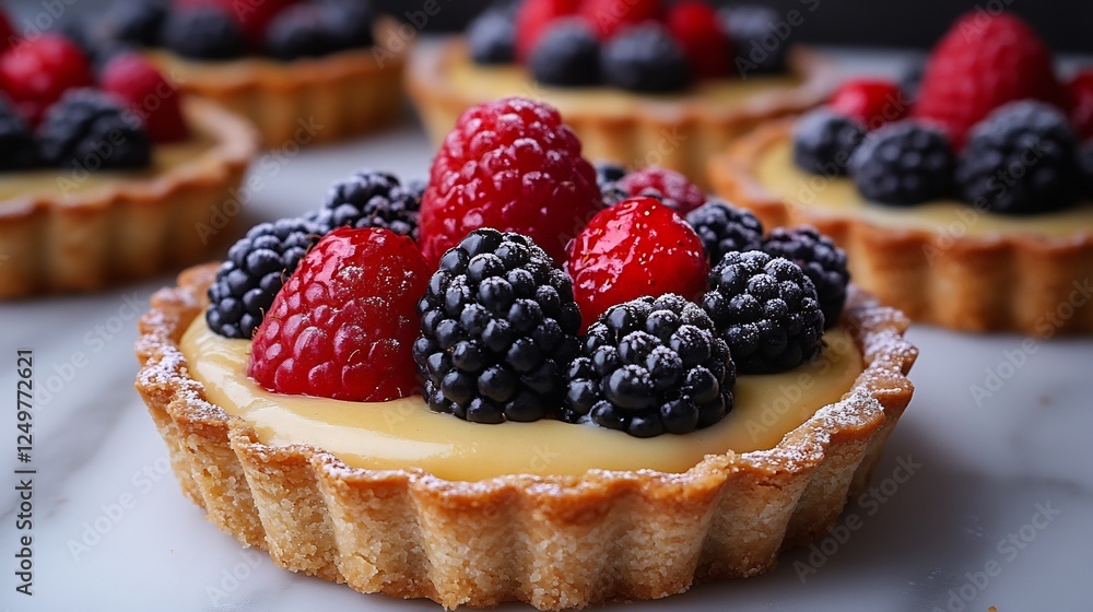 Fruit tarts a buttery crust filled with creamy custard and topped with vibrant fresh fruits served on a white plate a refreshing bakery dessert Fruit tarts a buttery crust filled with creamy custard and topped with vibrant fresh fruits served on a white plate a refreshing bakery dessert