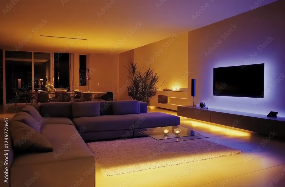Modern living room with ambient lighting and sectional sofa. Modern living room with ambient lighting and sectional sofa.