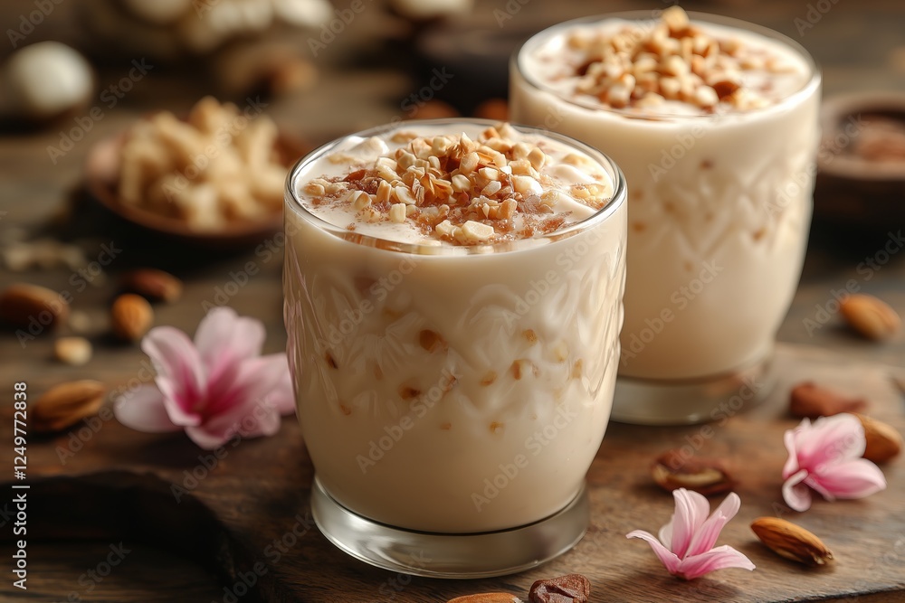 Two glasses of creamy lassi topped with crushed nuts sit on a rustic wooden table. Delicate flowers and additional nuts surround the drinks, enhancing the inviting atmosphere. Two glasses of creamy lassi topped with crushed nuts sit on a rustic wooden table. Delicate flowers and additional nuts surround the drinks, enhancing the inviting atmosphere.