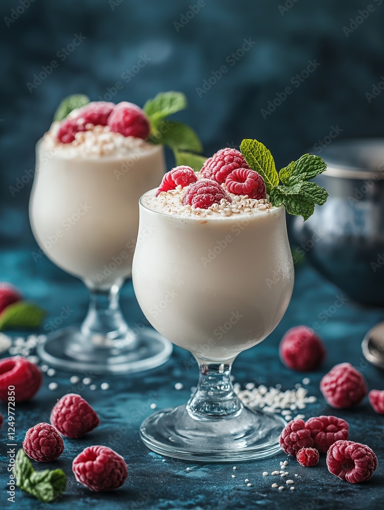 Two glasses of creamy lassi on a table, garnished with fresh raspberries and mint leaves. Raspberry lassi. Traditional Indian yogurt drink, refreshing milky cocktail Two glasses of creamy lassi on a table, garnished with fresh raspberries and mint leaves. Raspberry lassi. Traditional Indian yogurt drink, refreshing milky cocktail