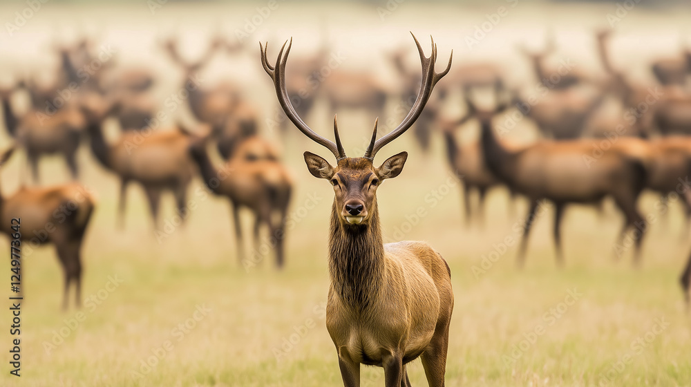 Obraz premium Majestic Red Deer with Large Antlers Standing Proudly in Front of Its Herd, Showcasing Strength, Leadership, and the Beauty of Wildlife in a Natural Forest Setting