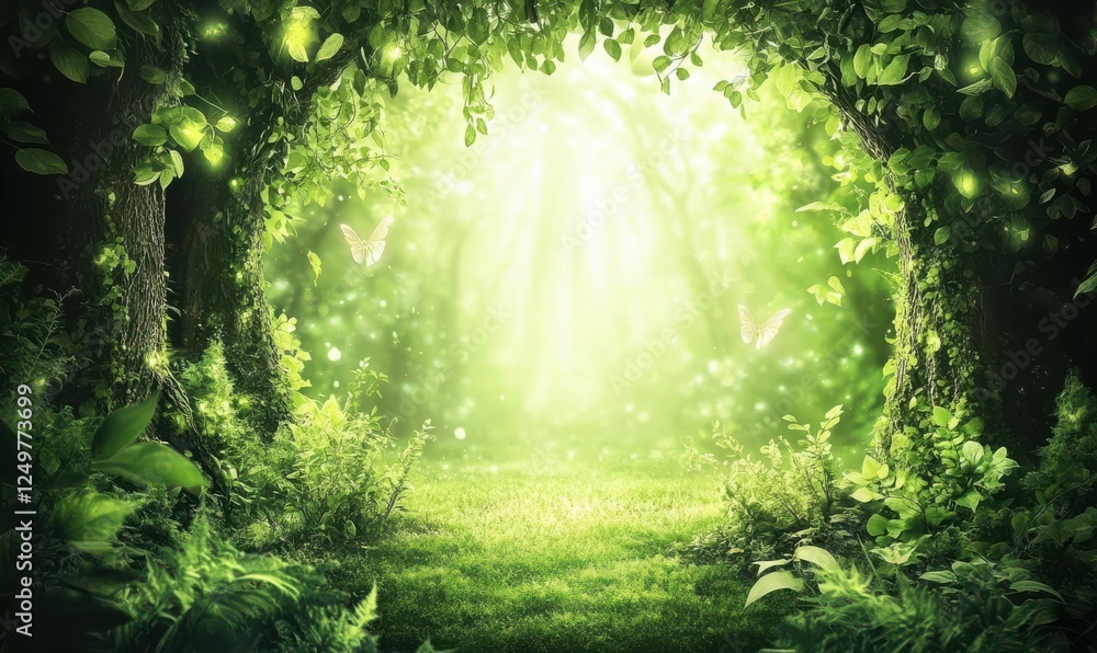Obraz premium Whimsical forest scene with dense greenery and sunlight streaming through the trees, creating a serene and magical vibe