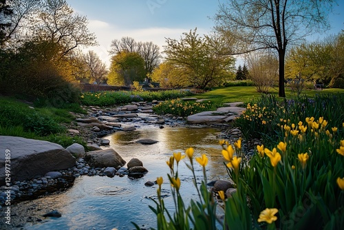Peaceful stream surrounded by blooming flowers in spring