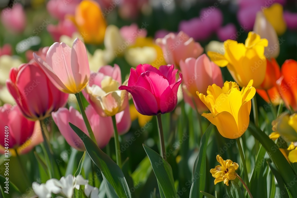Colorful tulips blooming in a lush garden during spring Colorful tulips blooming in a lush garden during spring