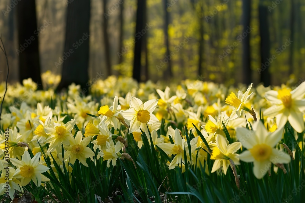 Daffodils blooming in a sunlit forest clearing Daffodils blooming in a sunlit forest clearing