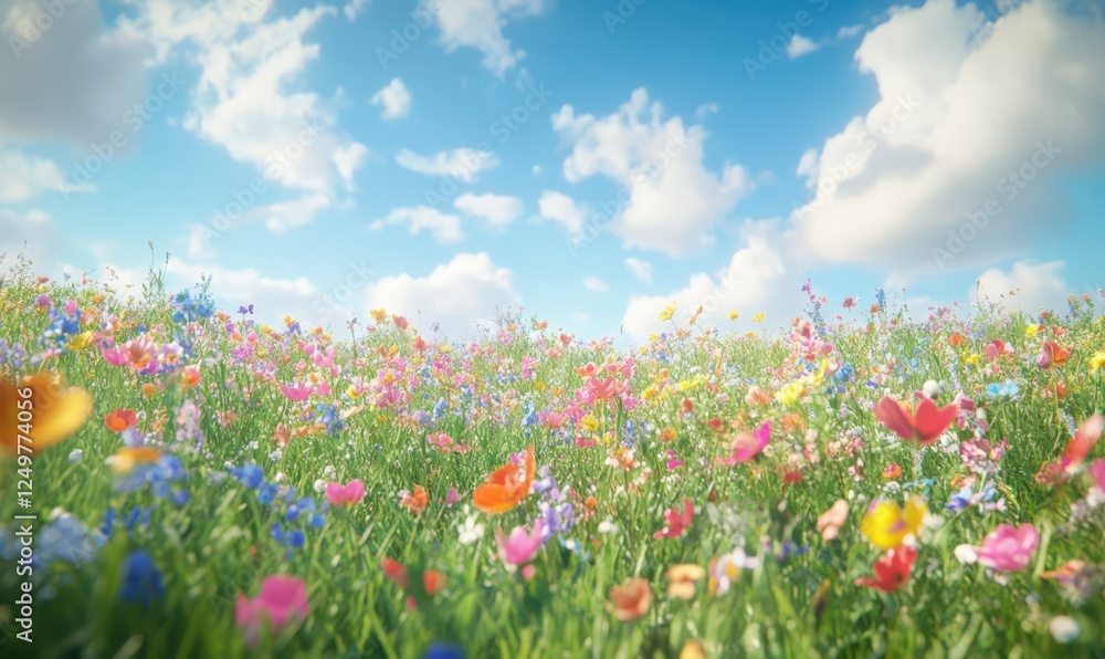 Wildflower meadow under a bright summer sky, colorful blooms in vivid shades swaying gently in the breeze, capturing the joy and beauty of nature's simplicity Wildflower meadow under a bright summer sky, colorful blooms in vivid shades swaying gently in the breeze, capturing the joy and beauty of nature's simplicity