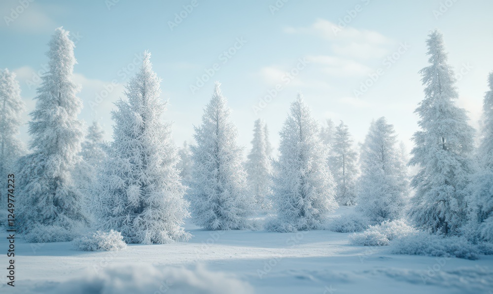 Naklejka premium Winter wonderland with frosted pine trees covered in sparkling snow, bathed in a cool bluish-white glow.