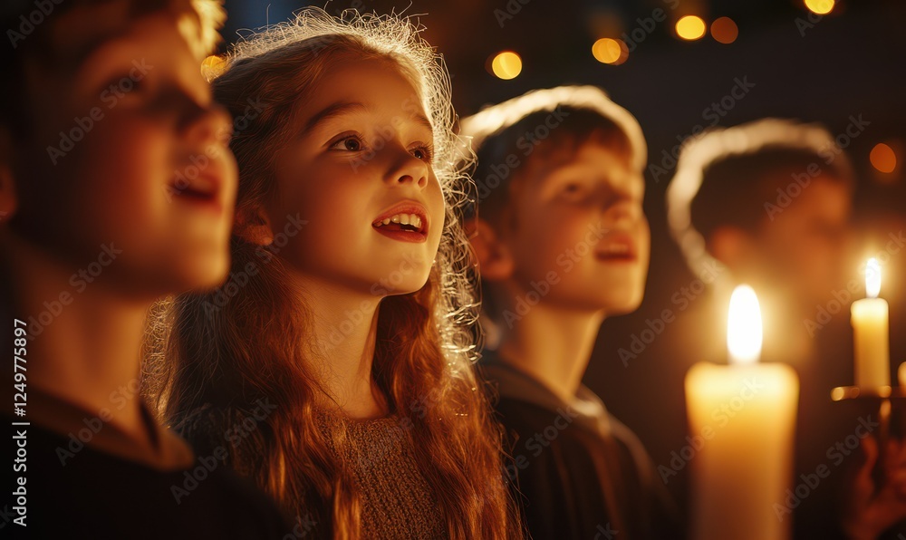 Fototapeta premium Young choir singing carols in a candlelit church, their faces glowing with warmth and passion.