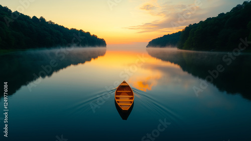 Morning calm on a serene lake with a single canoe gliding through the mist at sunrise
