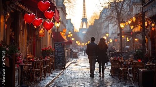 beautiful couple with balls in the shape of hearts near Eiffel Tower, honeymoon in Paris, romantic moment
