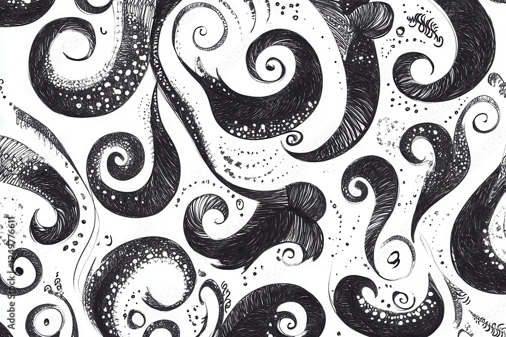 Detailed abstract design featuring swirling black patterns on a white background, showcasing intricate line work and artistic texture Detailed abstract design featuring swirling black patterns on a white background, showcasing intricate line work and artistic texture