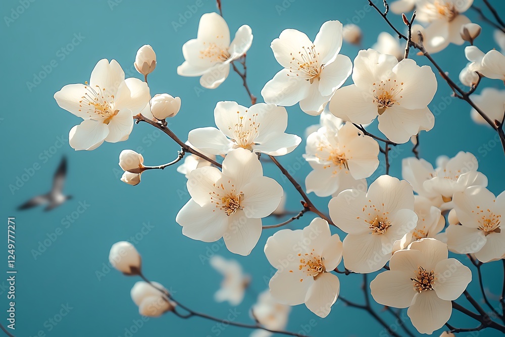 White flowers in bloom on a tree branch against a blue sky White flowers in bloom on a tree branch against a blue sky