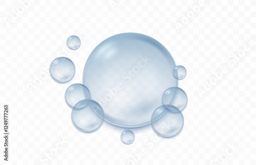 Transparent water and soap bubbles with a clear background. Cosmetic and skincare product designs.