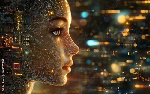 Close-up portrait of a futuristic cybernetic woman with golden glowing circuitry