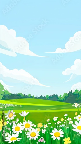 Colorful wildflowers bloom under a sunny sky, cartoon