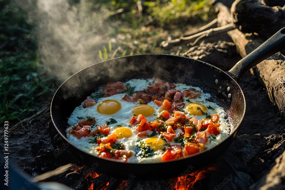Cooking breakfast outdoors with eggs and vegetables Cooking breakfast outdoors with eggs and vegetables
