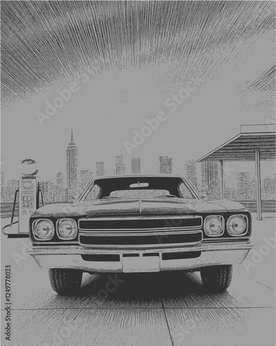 Car gas station in retro style. Classic car with gas station. Gas station against the backdrop of the rising sun over the city, halftone vector drawing. EPS 10 version.