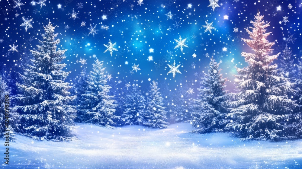 Winter wonderland filled with snowflakes and evergreen trees under a starry night sky Winter wonderland filled with snowflakes and evergreen trees under a starry night sky