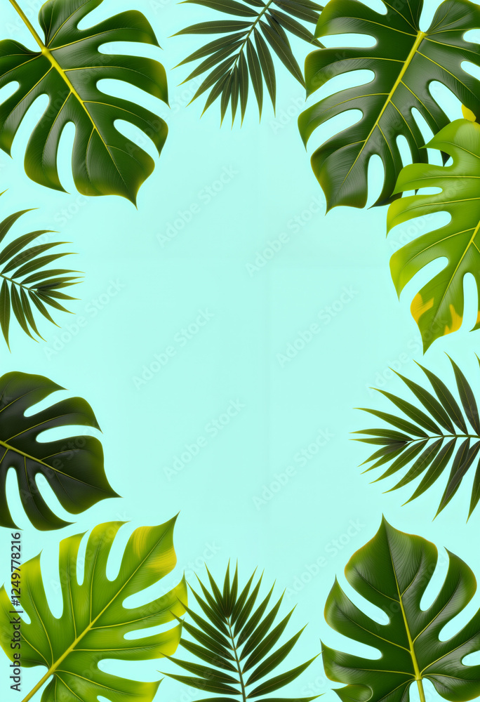 Obraz premium Vibrant tropical leaves on turquoise background, nature's beauty