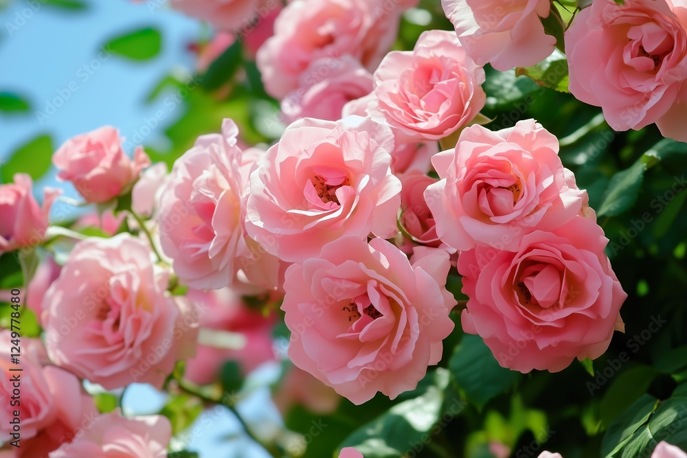 Beautiful pink roses blooming in a garden under sunlight Beautiful pink roses blooming in a garden under sunlight