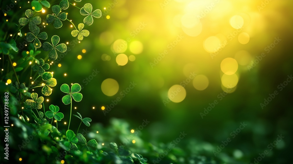 A dreamy, magical landscape featuring vibrant green shamrocks glowing under golden sunlight. Tiny glowing particles add a whimsical and enchanting atmosphere, symbolizing luck and Irish heritage A dreamy, magical landscape featuring vibrant green shamrocks glowing under golden sunlight. Tiny glowing particles add a whimsical and enchanting atmosphere, symbolizing luck and Irish heritage