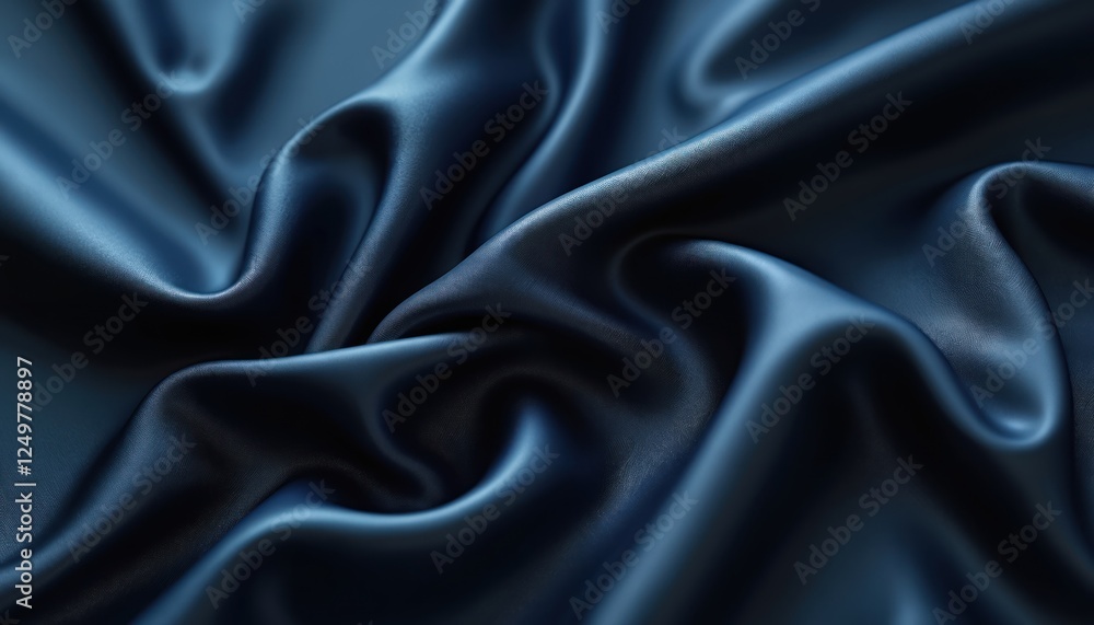 Dark blue shiny silk fabric drapes in soft curves and folds. Luxurious and smooth texture. Elegant and sensual material. Suitable as background for fashion and design projects. Dark blue shiny silk fabric drapes in soft curves and folds. Luxurious and smooth texture. Elegant and sensual material. Suitable as background for fashion and design projects.
