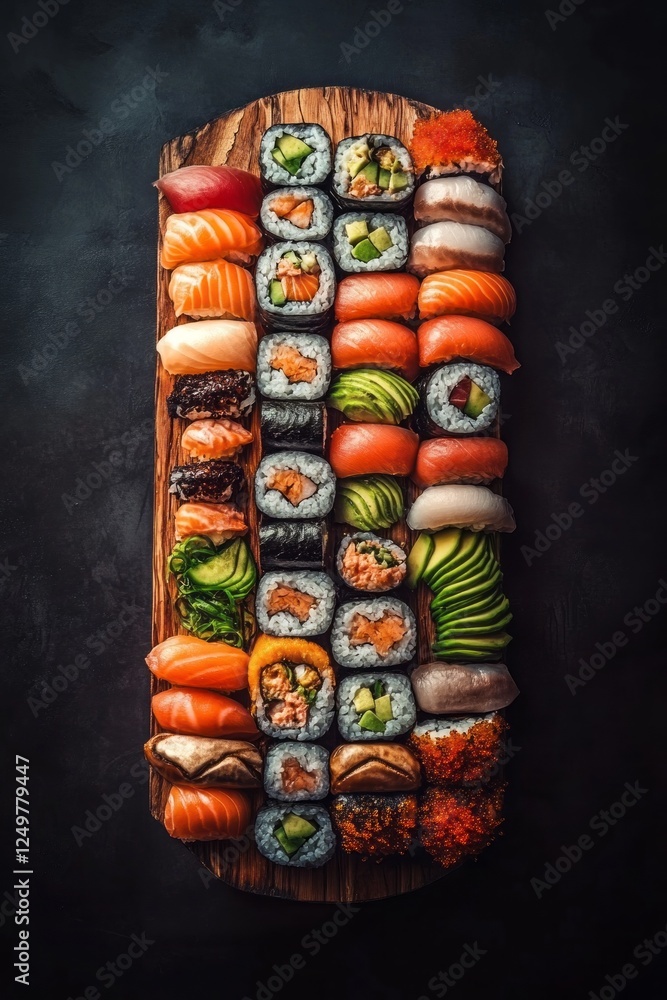 A vibrant sushi platter showcasing an array of sushi rolls, sashimi, and marinated fish elegantly arranged. The lush colors and textures create a culinary masterpiece that captivates the senses A vibrant sushi platter showcasing an array of sushi rolls, sashimi, and marinated fish elegantly arranged. The lush colors and textures create a culinary masterpiece that captivates the senses