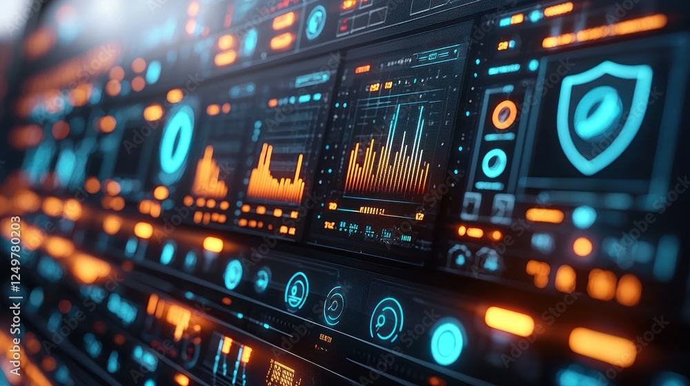 Futuristic digital dashboard with data displays and security symbol Futuristic digital dashboard with data displays and security symbol
