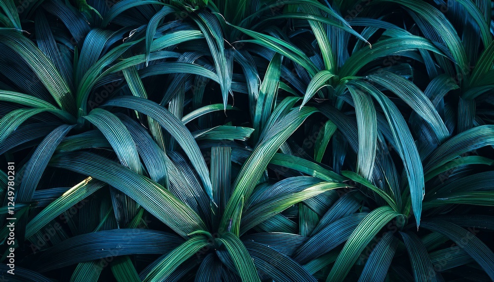 Fototapeta premium Plants leaves moody background, green blue green dark foliage texture