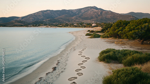 Wallpaper Mural A serene beach at dawn with soft pink and orange hues filling the sky, footprints left behind on the sand, and a calm atmosphere, offering space for contemplation and peace Torontodigital.ca