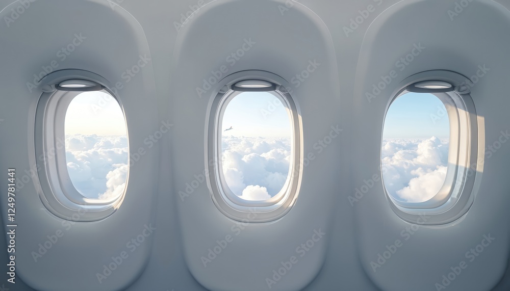 Airplane interior shows three large windows. Vast expanse of fluffy clouds visible outside. Peaceful, serene view from high altitude. Single aircraft seen in sky. Travel, adventure mood suggested. Airplane interior shows three large windows. Vast expanse of fluffy clouds visible outside. Peaceful, serene view from high altitude. Single aircraft seen in sky. Travel, adventure mood suggested.