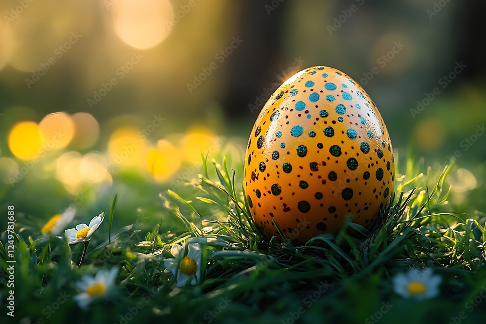 A brightly decorated Easter egg nestled in grass with daisies. A brightly decorated Easter egg nestled in grass with daisies.