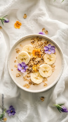 Smoothie bowl with banana granola and edible flowers