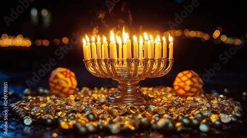 Illuminate darkness with a captivating photo series featuring candlelit menorahs glowing dreidels and shimmering Hanukkah decorations capturing the warmth and joy of the Festival of Lights photo