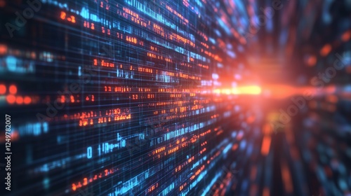 Abstract view of glowing digital data streams in red and blue tones