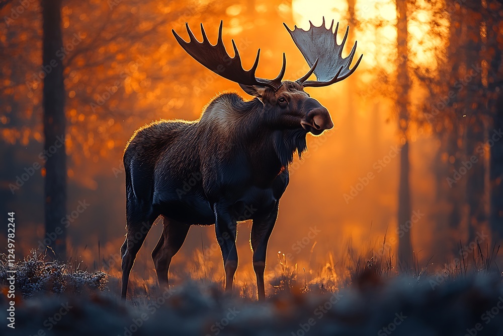 A majestic moose stands in a forest clearing at sunset A majestic moose stands in a forest clearing at sunset
