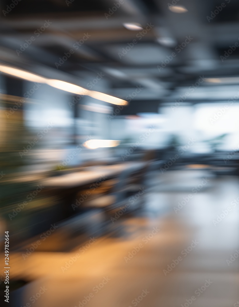 Fototapeta premium Blurred Motion in Modern Office Space with Desk and Lighting