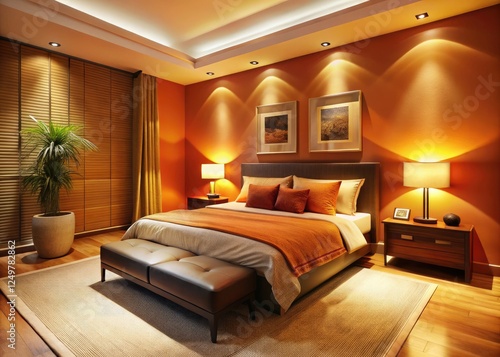 Warm orange hues bathe a low-profile bedroom in long-exposure glow, showcasing cozy interior design.