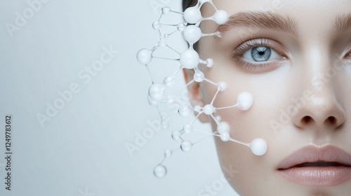 Modern Skincare Innovation: Close-up of a woman's face adorned with a delicate molecular structure, symbolizing the advanced science behind modern skincare products.